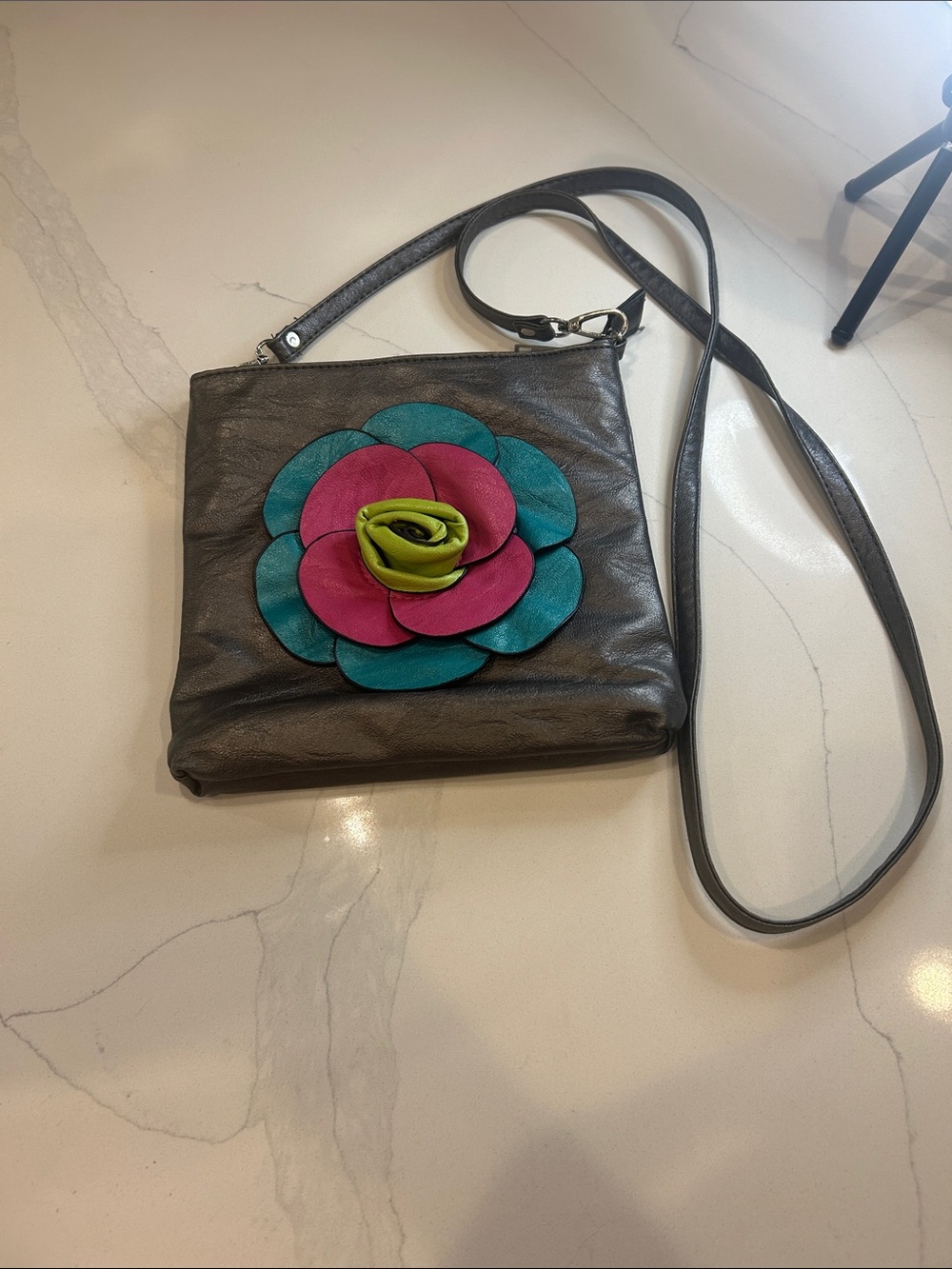 Silver Crossbody Bag with Multicolor Floral Appliqué